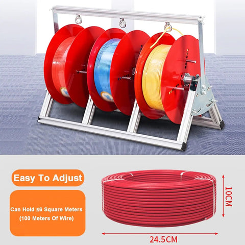 Rock Solid Stainless Steel Cable Reel Holder And Heavy Duty Wire Spool Rack Dispenser with three red spools and adjustable features.