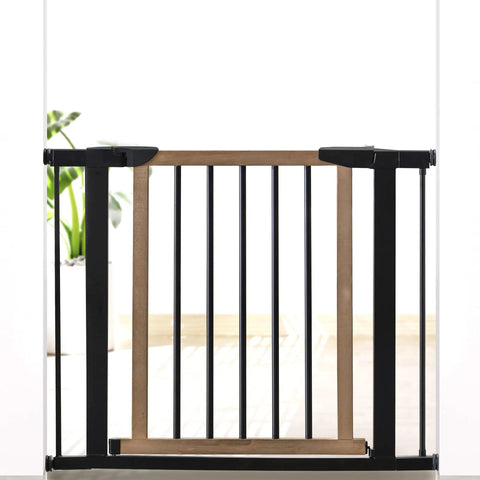 Rock Solid Wooden Dog Gate With Walk Through Swing For Indoor Puppy Protection And Pressure Mount Setup in view.