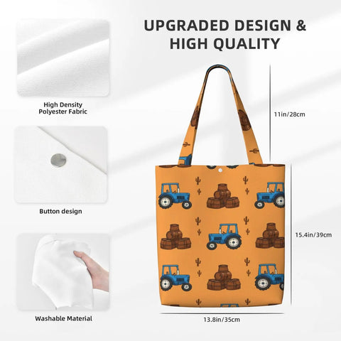 Blue Farm Tractor Aesthetic Canvas Tote Bag for Women and Girls Reusable Grocery Shopping Shoulder Tote with tractor print