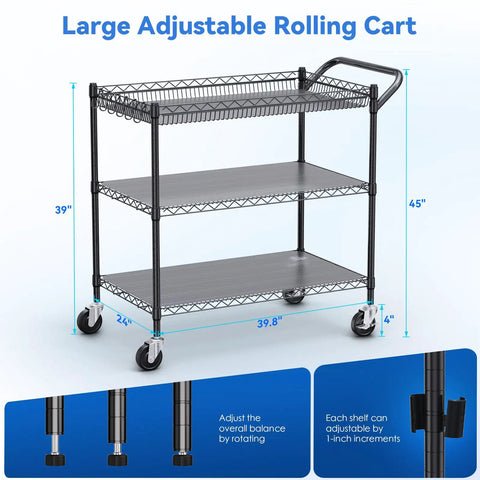 Heavy Duty Rolling Utility Cart Built Like A Tank For Busy Shops Rated At 1350 Lbs Commercial Metal Trolley Top Notch Swivel Casters NSF Certified Rugged Steel Server Rack Black Kitchen Crew Essential