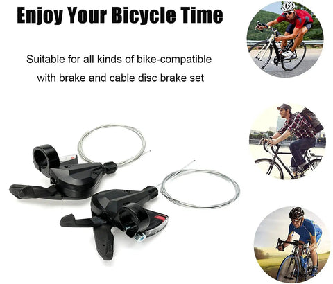 Two Pack SL M310 3x8 Speed Shifter Trigger Set With Cable for MTB Road City Bikes showing shifters with cables and cyclist images