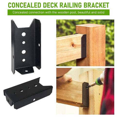 24 Pack 2x4 Deck Railing Brackets For Wood Posts - 18-Gauge Steel Black Powder Coated Fence Rail Connectors being installed on a wood post.