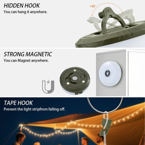 4 In 1 USB Rechargeable Camping String Lights With 8 Modes showing hidden hook, magnetic base, and tape hook on 32.8Ft tent lights