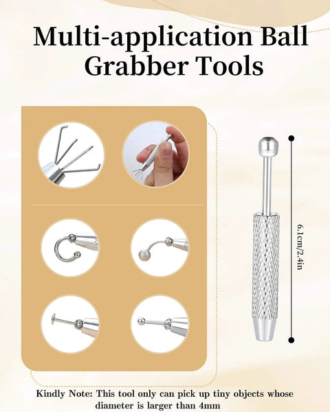 Multi-application ball grabber tools with Pro Grade Piercing Kit With Ball Grabber And 16G 18G Tapers for easy jewelry changes.