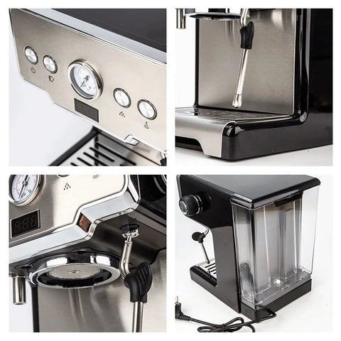 Kick Start Your Morning With This No Fuss Semi Automatic Coffee Maker Featuring A Powerful Pump And Washable Permanent Filter That Pulls Rich Espresso Cappuccino And Creamy Milk Froth with stainless steel details and compact design.