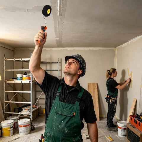 Drywall Corner Paint Roller Pumpkin Shape Precision Edging Tool For Tight Interior Exterior Wall Touch Ups Home Reno Pro Hack Quick Coating Game Changer Zero Fuss Knockout Finish used by worker on ceiling.