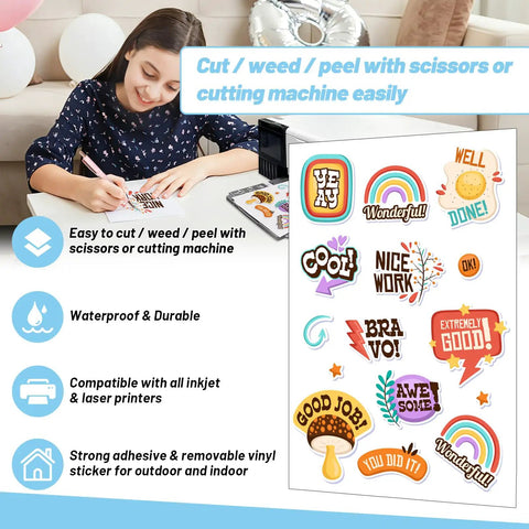 Woman cutting designs from Printable Vinyl Sticker Paper For Inkjet Printers Glossy White 8.26 X 11.69 Inches A4 Size 28 Sheets Pack