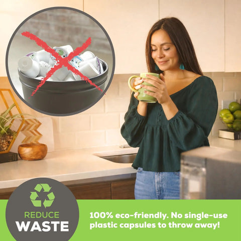 Woman enjoying coffee with Budget Friendly Reusable K Cup Pod Coffee Filters With Built In Mesh Strainer For Keurig signifying eco-friendliness.