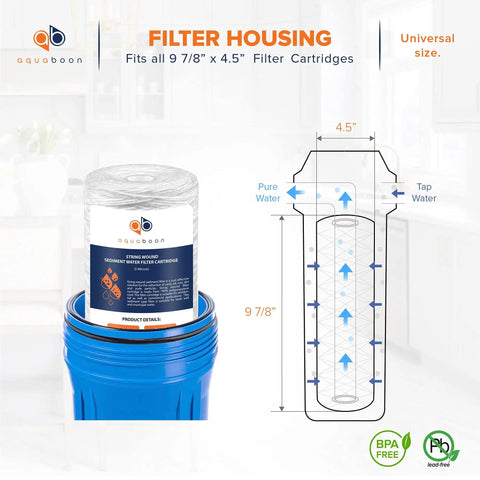 Diagram of 5 Micron String Wound Water Filter 10 x 4.5 Inch for whole home with housing dimensions and BPA free badge.