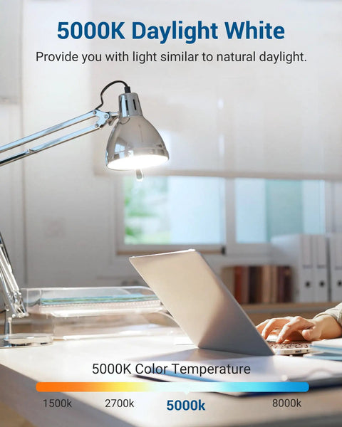 Desk with 5000K daylight white lamp illuminating workspace with laptop, showcasing 4 Pack A19 Dimmable LED Light Bulbs 800 Lumens 5000K.