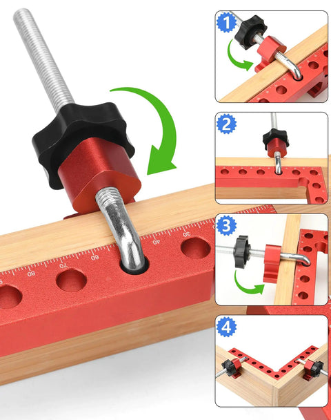 Corner Clamps For Woodworking 4 Pack 90 Degree Right Angle Squares 5.5 By 5.5 Inches in use showing clamp installation steps.