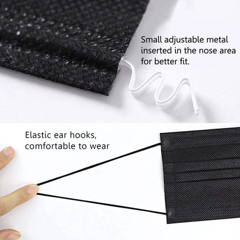 Close-up of black 3 ply face mask showing adjustable nose bridge and elastic ear loops for comfort, part of 100 pack black disposable face masks 3 ply breathable soft non woven masks with built in nose bridge and elastic ear loops for daily use all day comfort skin friendly protection for everyday wear.