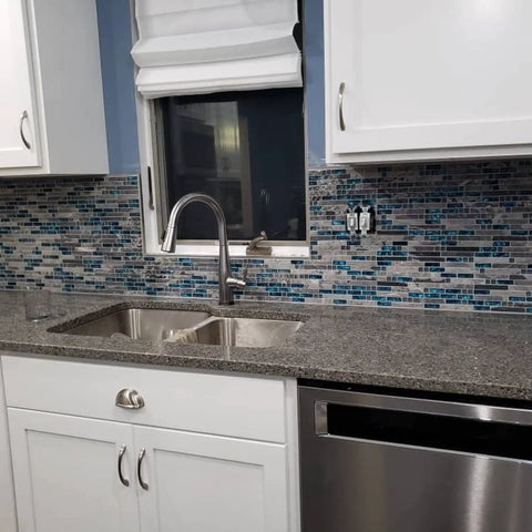 Kitchen with Dope Teal Blue Crystal Glass and Gray Marble Mosaic Tile Interlocking Sheets for Bathroom Walls Kitchen Backsplash