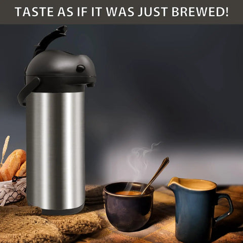 Stainless Steel Thermal Carafe Airpot Large Beverage Dispenser on table with hot drink, 5L capacity, easy pump top.