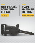 Heavy-Duty Air Impact Wrench With 8 Inch Anvil And D-Handle, 1 Inch Drive, shown with twin hammer design and features.