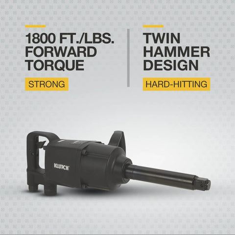 Heavy-Duty Air Impact Wrench With 8 Inch Anvil And D-Handle, 1 Inch Drive, shown with twin hammer design and features.