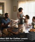 Keep Your Coffee Tea And Cocoa Toasty With This Slick Black Four Pack Electric Cup Heater Boasting Three Custom Heat Levels And A Universal Mug Fit That Slides Right Into Every Office Or Home, displayed in a family kitchen.