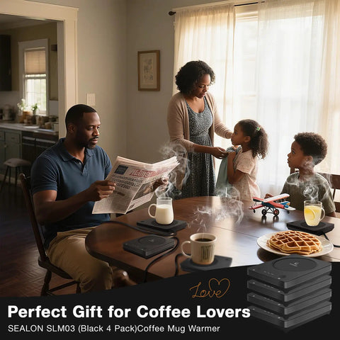 Keep Your Coffee Tea And Cocoa Toasty With This Slick Black Four Pack Electric Cup Heater Boasting Three Custom Heat Levels And A Universal Mug Fit That Slides Right Into Every Office Or Home, displayed in a family kitchen.