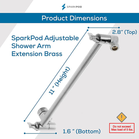 11 Inch Solid Brass Shower Head Extension Arm With Flexible, Adjustable Height And Angle For Rain Showerheads, Universal One Half Inch Pipe Connection displayed with measurements.