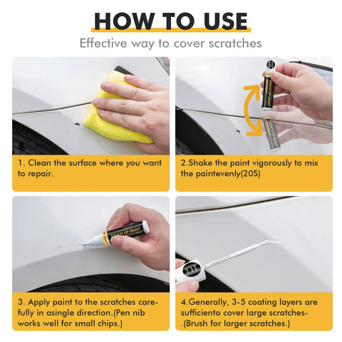 How to use Anvil Jeep Touch Up Paint Kit With Exact Color Match And 2 In 1 Scratch Remover Pen featuring application steps on vehicle scratch.