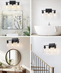 Top Shelf Matte Black Three Light Bathroom Vanity Fixtures With Clear Glass Shades in modern farmhouse setting.