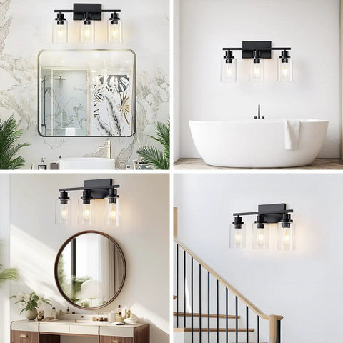 Top Shelf Matte Black Three Light Bathroom Vanity Fixtures With Clear Glass Shades in modern farmhouse setting.