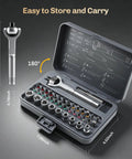 Magnetic 40 In 1 Screwdriver Set With 270 Degree Ball Joint Handle open in a case showing tools, CR-V bits, and 60 tooth mechanism