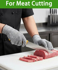 20 Pairs Cut Resistant Gloves Level 5 Protection For Kitchen Shucking Fish Meat And Wood Carving With No Slip Grip Comfortable Fit Anti Cut Pro Gloves For DIY Crafts And Heavy Duty Cooking shown slicing meat