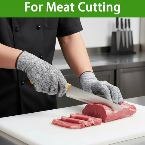 20 Pairs Cut Resistant Gloves Level 5 Protection For Kitchen Shucking Fish Meat And Wood Carving With No Slip Grip Comfortable Fit Anti Cut Pro Gloves For DIY Crafts And Heavy Duty Cooking shown slicing meat