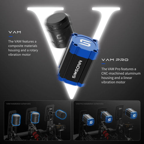 Racing Simulator Pedals With Vibration Motor Module And Haptic Feedback Reactor Pro 2 Piece VAM Set showing VAM and VAM Pro modules.
