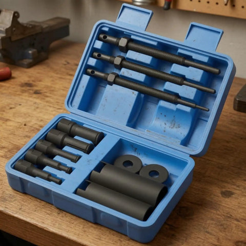 Beast Mode 12 Piece Bearing Extraction Device Internal Puller Tool Kit With Remover Rods Sleeves Adapters Made From 45 Steel Heavy Duty Darkened Finish For Serious Garage Mechanics And DIY Auto Repair, blue case open