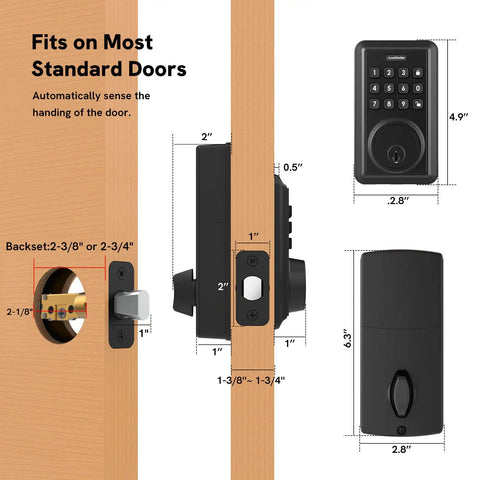Electronic Keypad Deadbolt For Beefing Up Your Home Security With 50 User Codes And Anti-Peep, Auto Lock, 1-Touch Locking, Weatherproof Build, Low Battery Indicator, 1-1/8 Backset, Heavy Zinc Alloy Construction For Front Or Back Door dimensions