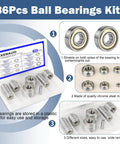 36-Piece Ball Bearing Kit displayed with various deep-groove steel bearings including 608ZZ and 623ZZ in a labeled box.