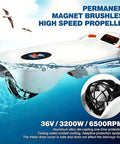 Electric Hydrofoil Surfboard For Grownups, showing motorized jetboard with high speed propeller visible through clear water