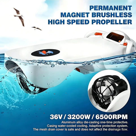 Electric Hydrofoil Surfboard For Grownups, showing motorized jetboard with high speed propeller visible through clear water