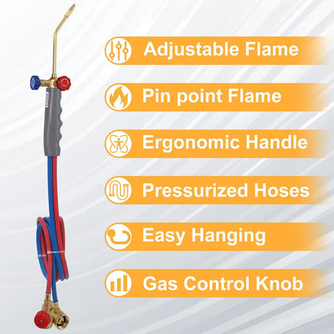 Heavy Duty Welding Torch With Adjustable Flame And Built In Igniter For MAPP Oxygen Or Propane, shown with ergonomic handle, hoses
