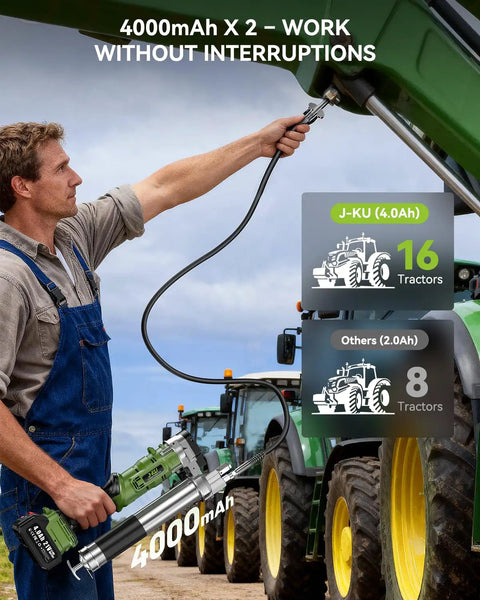 Man using Beefed Up Cordless Electric Grease Gun With 2x4.0Ah Batteries, 12000 PSI High Flow At 5.3 Ounces Per Minute on tractor