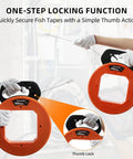 240 Ft Heavy Duty Flat Steel Fish Tape With Thumb Brake And Ergonomic Handle featuring one-step locking function for easy use.