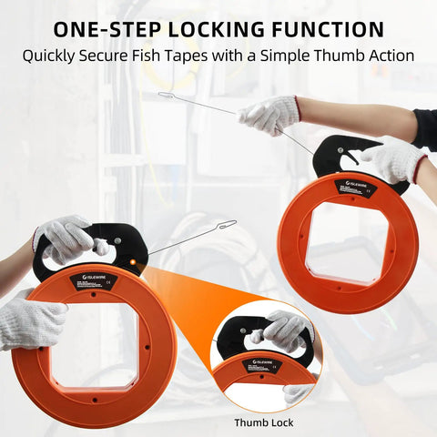 240 Ft Heavy Duty Flat Steel Fish Tape With Thumb Brake And Ergonomic Handle featuring one-step locking function for easy use.