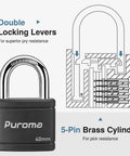 Diagram of Two Pack Keyed Padlocks With 3 Keys Alike, 7/8 Inch Hardened Steel Shackle, highlighting double locking levers and 5-pin brass cylinder.