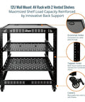 12U Open Frame Network Rack On Wheels With 2 Vented Shelves, Black Steel, Tapped Holes, Grommet Holes, Removable Casters