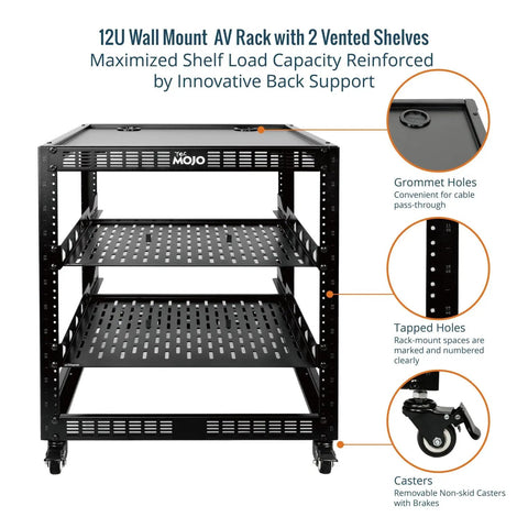 12U Open Frame Network Rack On Wheels With 2 Vented Shelves, Black Steel, Tapped Holes, Grommet Holes, Removable Casters