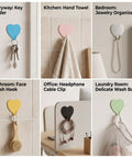 Hella Cute 10 Pack Heart Wall Hooks Super Sturdy Adhesive Mount showcasing colorful hooks for keys, towels, and office cables.
