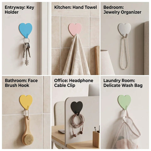 Hella Cute 10 Pack Heart Wall Hooks Super Sturdy Adhesive Mount showcasing colorful hooks for keys, towels, and office cables.