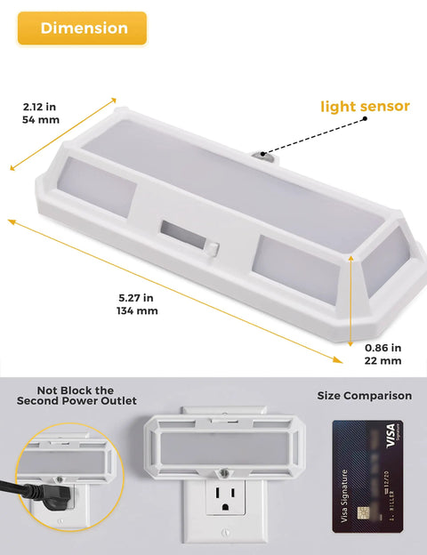 Diagram of Bright LED Night Light With Dusk To Dawn Sensor for plug-in wall showing dimensions and outlet placement.