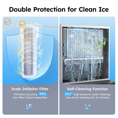 Commercial Ice Machine Delivers 850 Lbs Per Day, 460 Lbs Ice Storage with self-cleaning mode and filtration details
