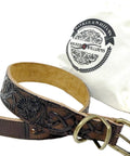 Premium Full Grain Heavy Duty Leather Dog Collar Built Tough For Large Dogs With Hand Carved Celtic Chains Aged Raw Brass Buckle and Comfy Suede Padding, brown leather collar with Celtic design.