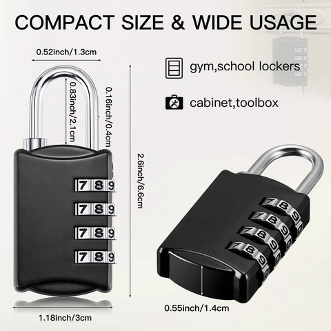 Front and side view of 40 Pack Four Digit Combination Padlocks for luggage and lockers, detailed with measurements.