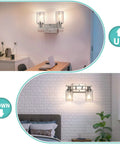 Modern Two Light Vanity Light Fixture In Brushed Nickel With Clear Glass Shades shown in kitchen and bedroom settings