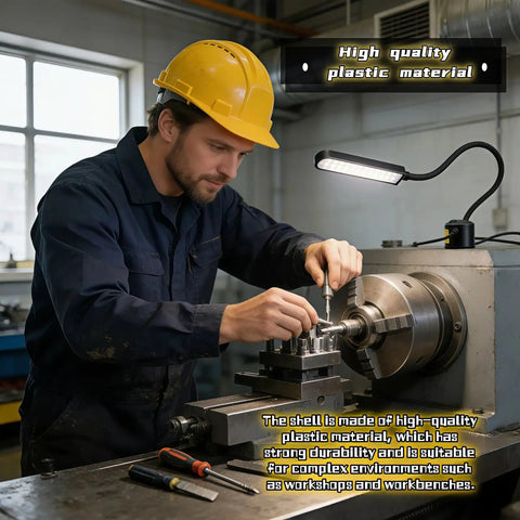 Worker using bright 30 LED sewing machine light with flexible silicone neck and magnetic base, attached to a metal lathe.